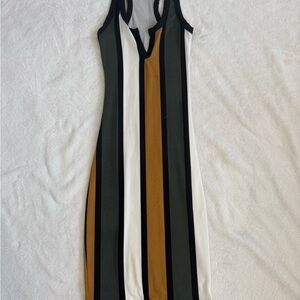 Chic Striped Midi Dress - Black, White, Green, Gold
